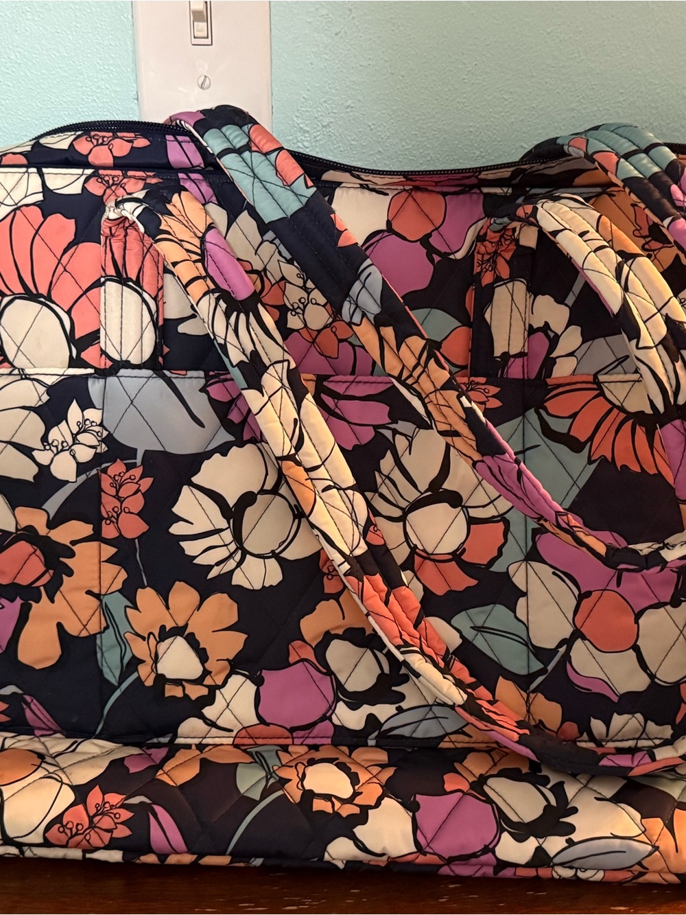 Vera Bradley Floral Quilted Tote in Black, Pink, Orange, Cream & Teal